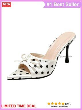Polka Dot Satin Bow Pointed Toe Kitten Heel Slip-On Sandals